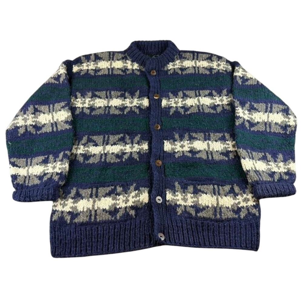 Vintage Cardigan Multi Color Men Chunky 100% Wool‎ Button Front Winter Sweater